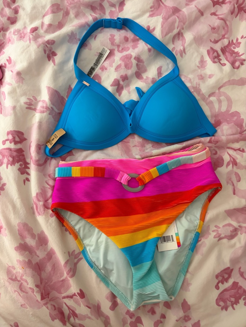 Trina Turk multi stripe high waisted Bikini bottoms w/ VS PINK bikini top